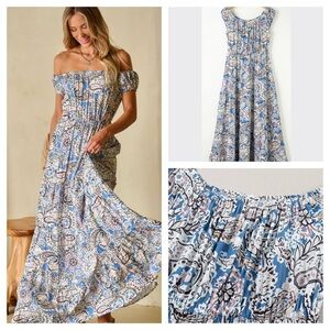 Blue Boho Paisley Print  on
Shoulder /off Maxi Dress – Size Small